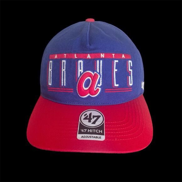 Atlanta Braves ‘47 Blue Red Hitch Double Header Baseline Snapback Adjustable Hat - Picture 1 of 7